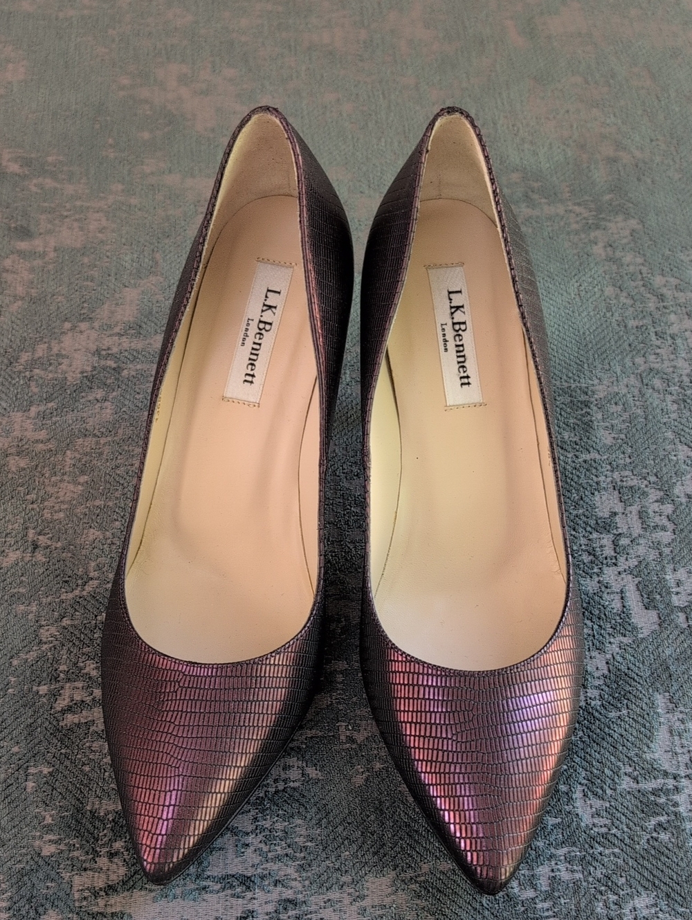LK Bennett Iridescent Plum-Shift Pointed-Toe Pumps (Size 38.5 Or 7.5/8)